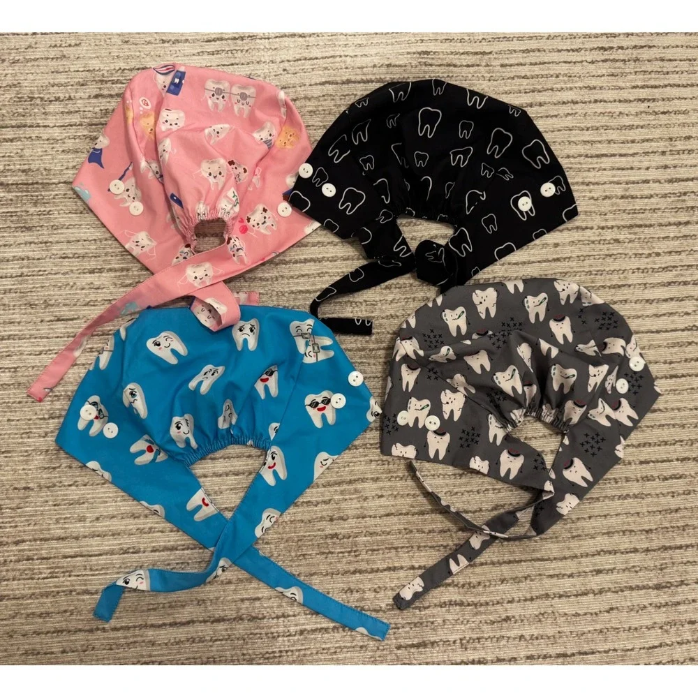 Set of 4 Dental Scrub Caps with Buttons for Masks Tooth Print Pink Blue Grey